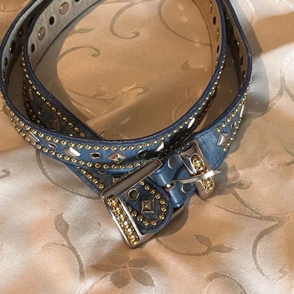 Studded Blue Leather Belt with Gold Accents - Picture 3 of 4